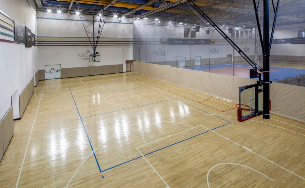 Indoor sports hall with a full-size hardwood court