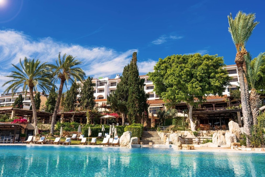 Outdoor hotel pool surrounded by palm trees and greenery, providing relaxation for athletes
