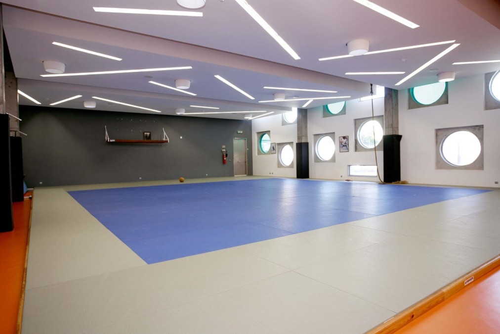 Indoor dojo-style hall with tatami mats