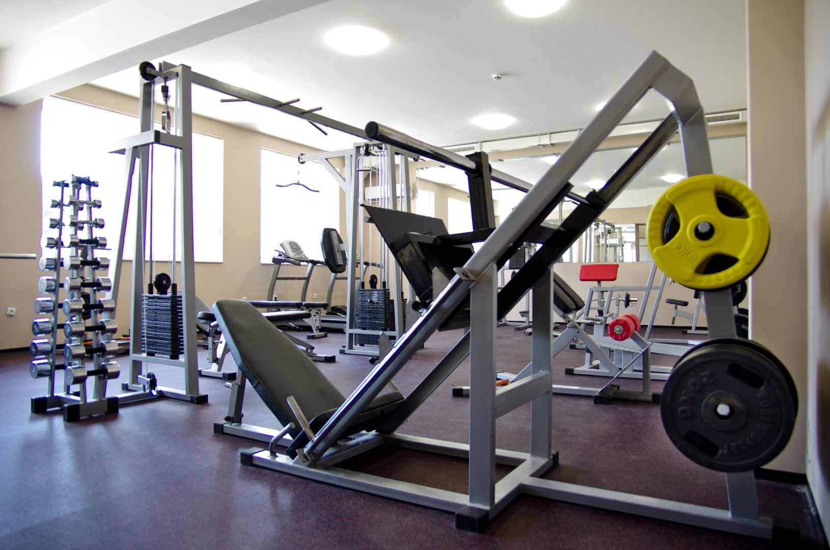 Salle de musculation avec machines, barres et disques pour les séances d'entraînement des athlètes