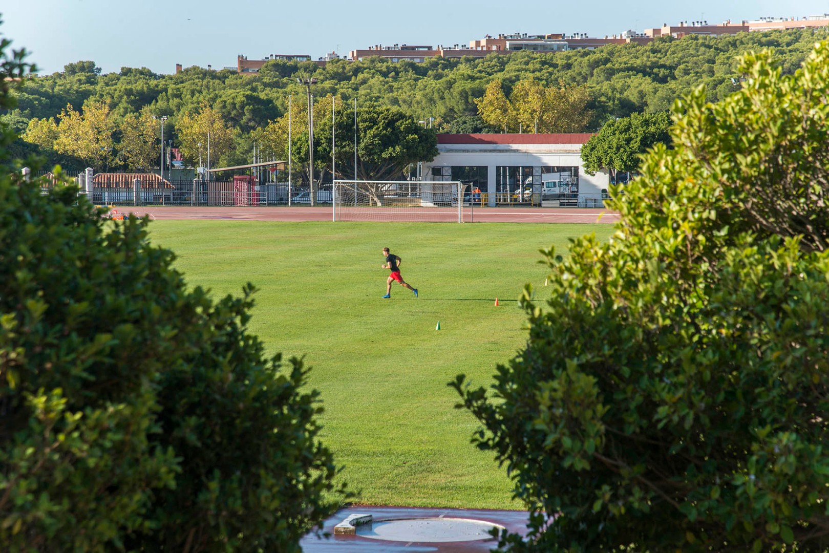 Athlète effectuant des exercices sur la pelouse intérieure à côté d'une piste d'athlétisme.