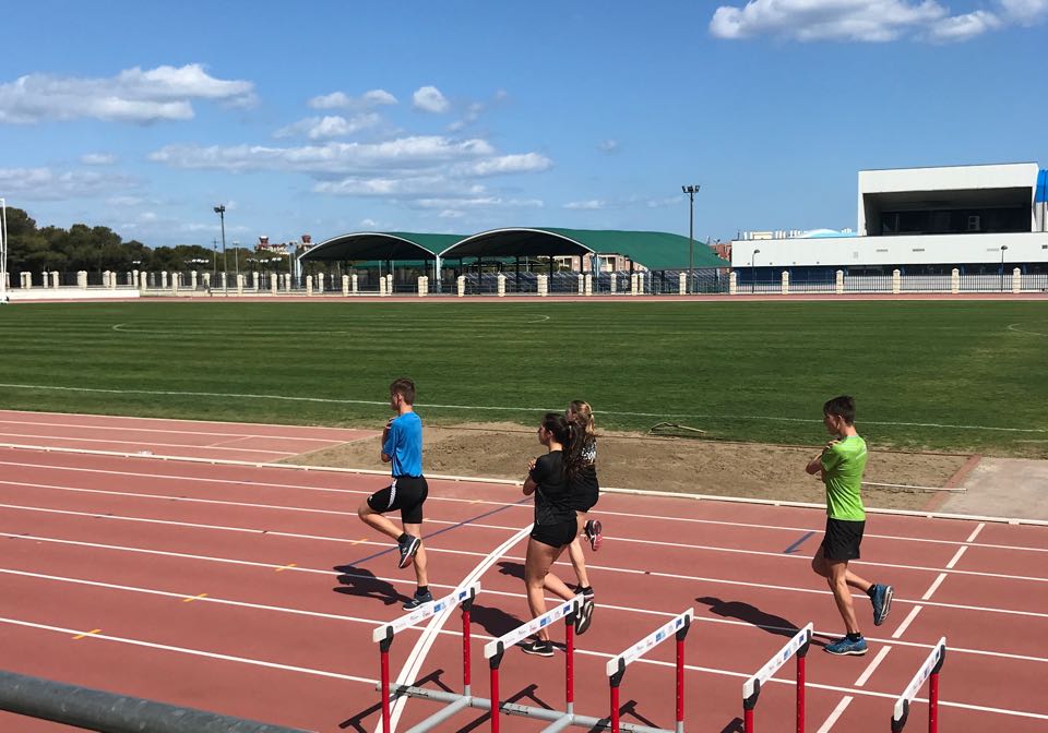 Athlètes s'exerçant aux haies sur une piste d'athlétisme pendant l'entraînement.