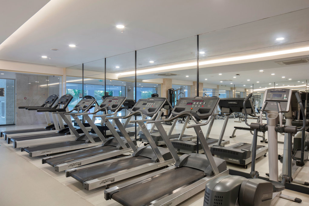 Fitness room cardio zone with treadmills and ellipticals in front of mirrors.