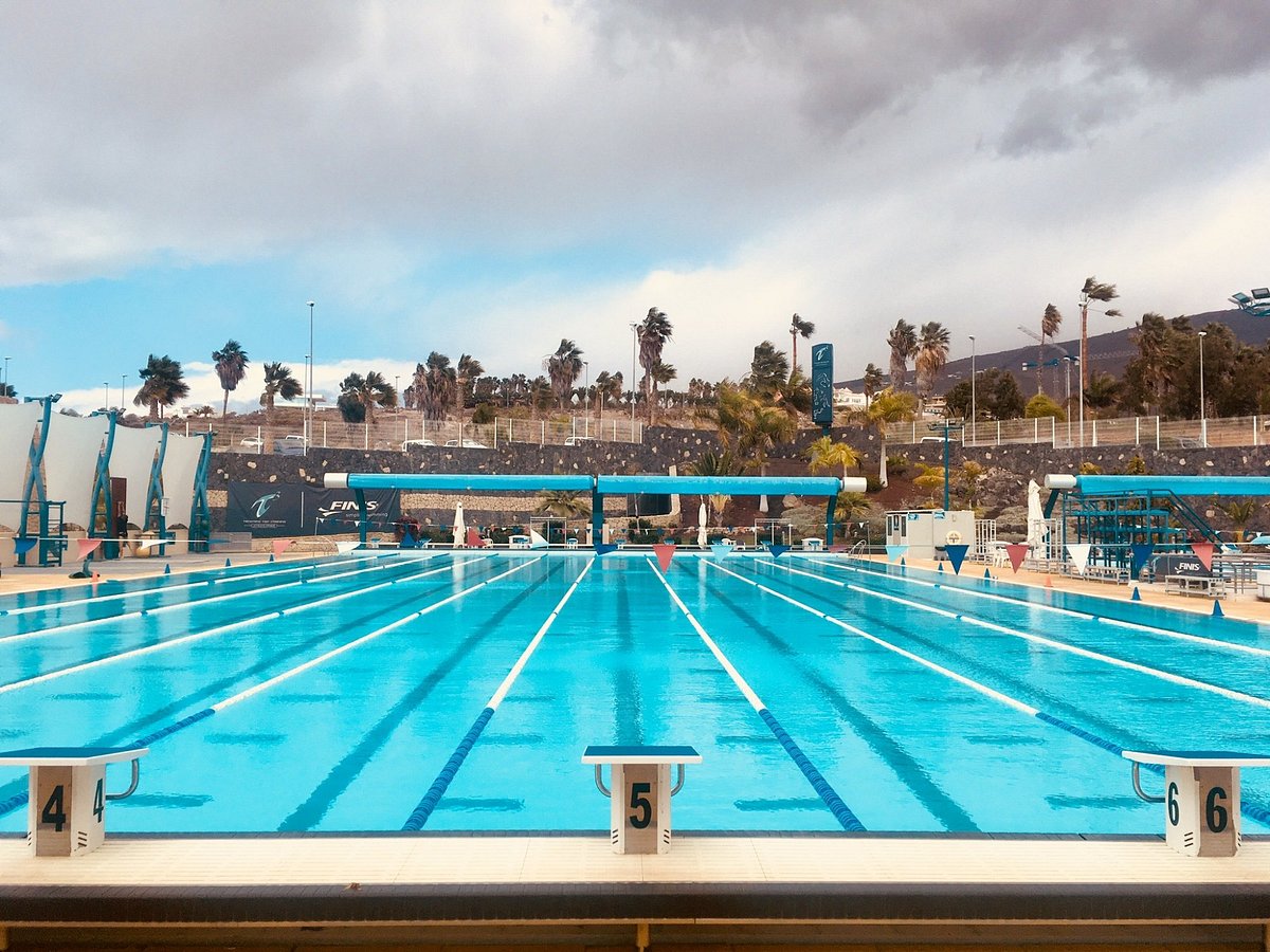 50 m outdoor lap pool with starting blocks and lane lines, palm trees behind.