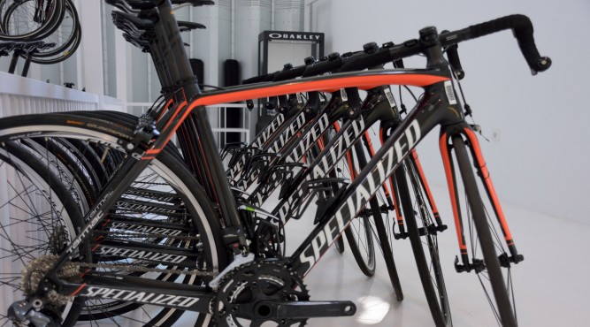 Row of road bikes lined up indoors, ready for cycling training sessions.