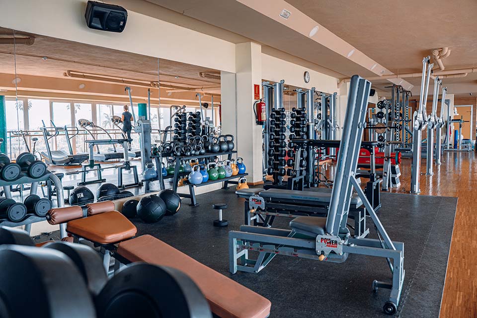 Indoor strength room with free weights, kettlebells and cardio machines by large windows.