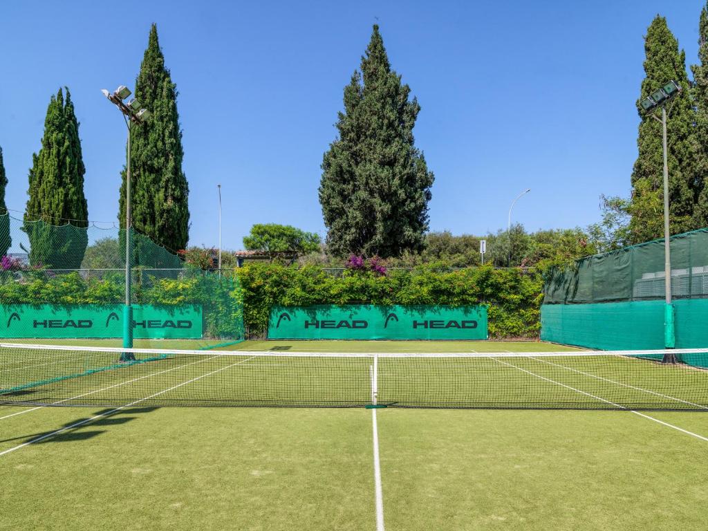 Outdoor tennis court with green surface, surrounded by tall trees and green HEAD-branded nets for training sessions