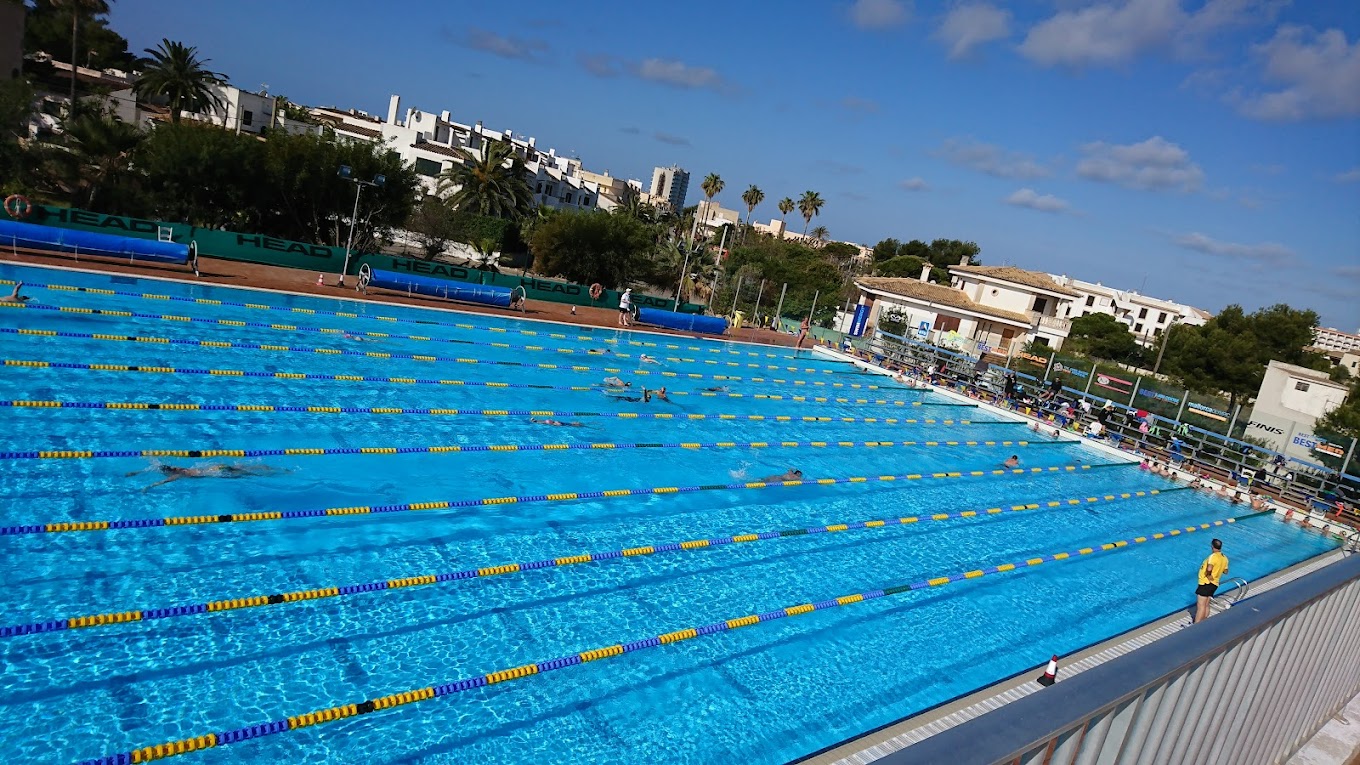 Vue large d'une piscine d'entraînement extérieure avec plusieurs couloirs et nageurs dans l'eau.