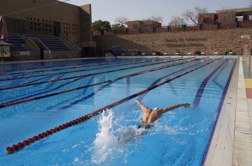 Freibad-Schwimmbecken mit Bahnleinen, ein Schwimmer taucht beim Training ins Wasser ein.