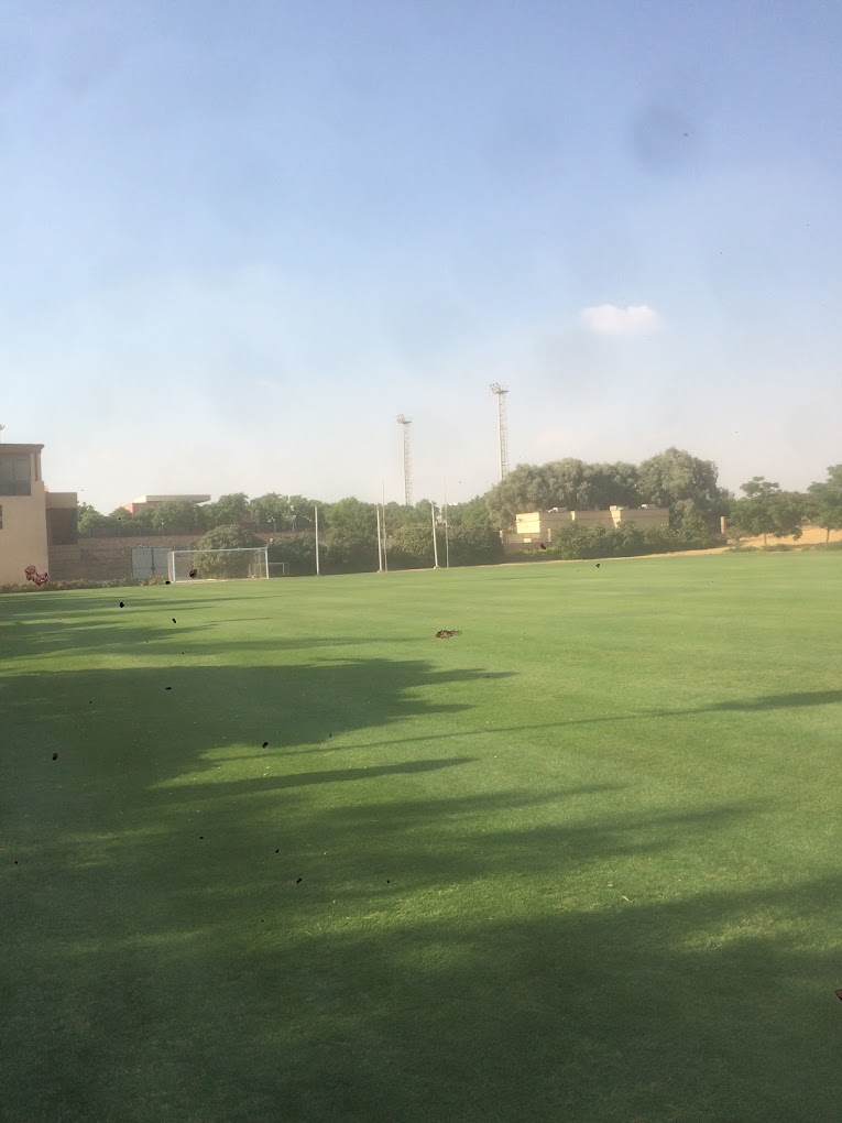 Fußballplatz mit Tor und Flutlichtmasten, umgeben von Bäumen und Campusmauern.