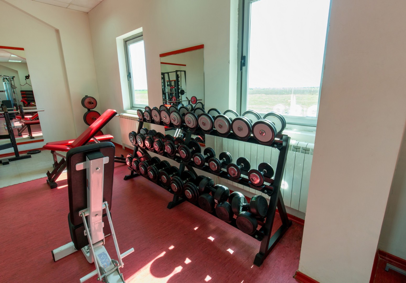 Gym corner with dumbbell rack, adjustable bench and mirrors by large windows.