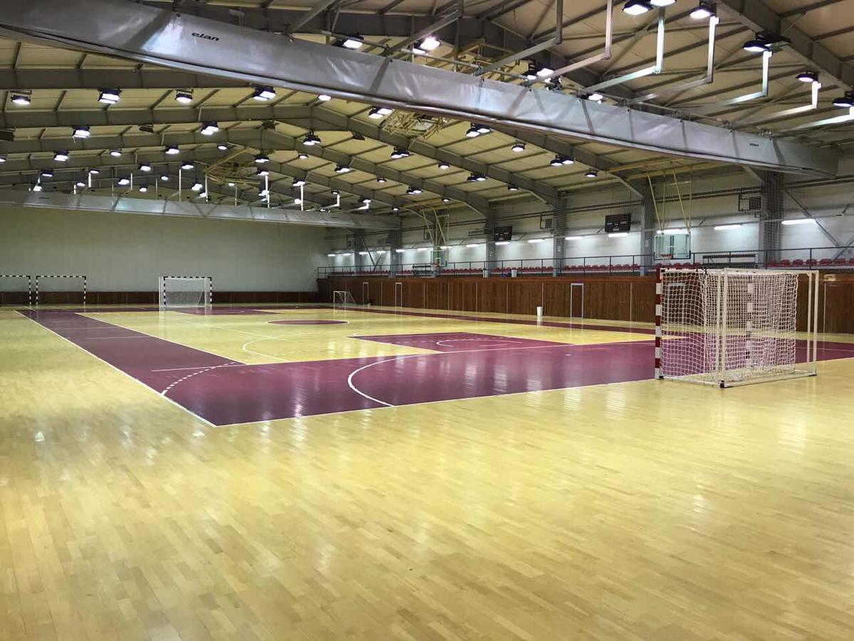 Indoor sports hall with multi-purpose court markings and handball goals under a high ceiling.