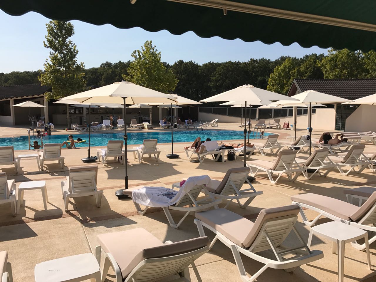 Outdoor pool area with sun loungers, umbrellas and guests relaxing.