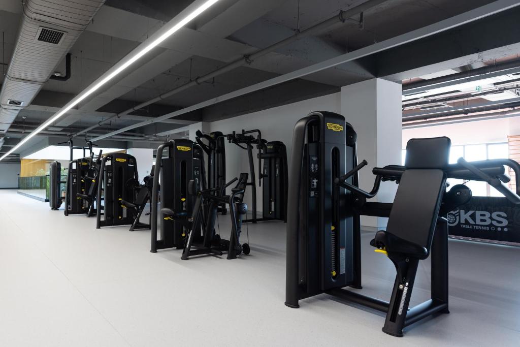 Krafttrainingsgeräte in einem hellen Indoor-Fitnessbereich.