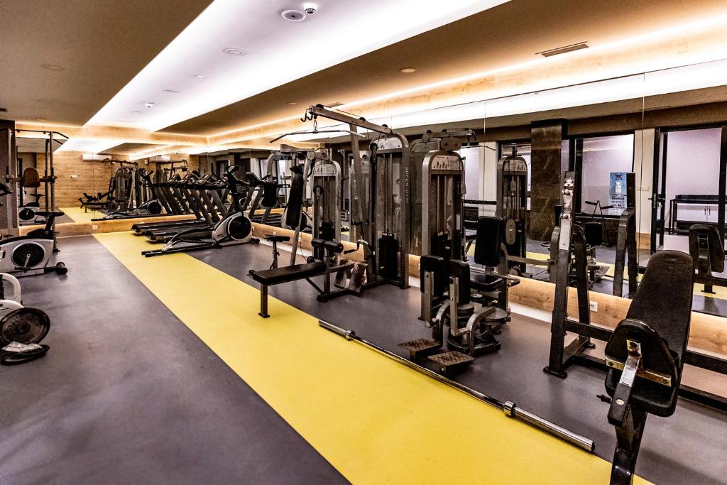 Indoor gym with treadmills, weight machines, benches, and a mirrored wall for workouts.