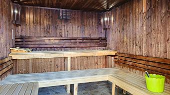 Wood sauna room with tiered benches and bucket.
