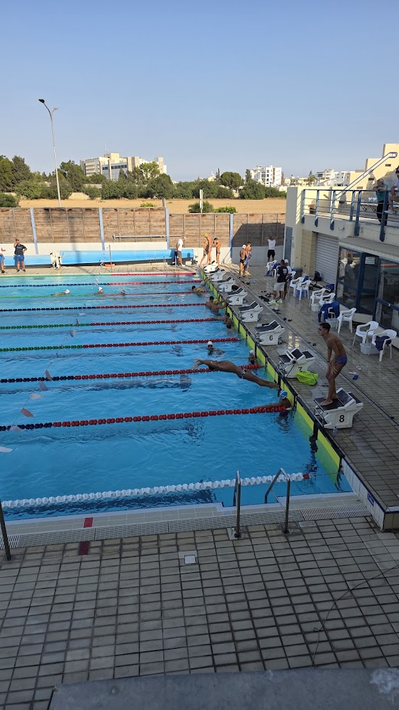Seitenansicht von Schwimmern, die von Startblöcken in ein Outdoor-Schwimmbecken springen.
