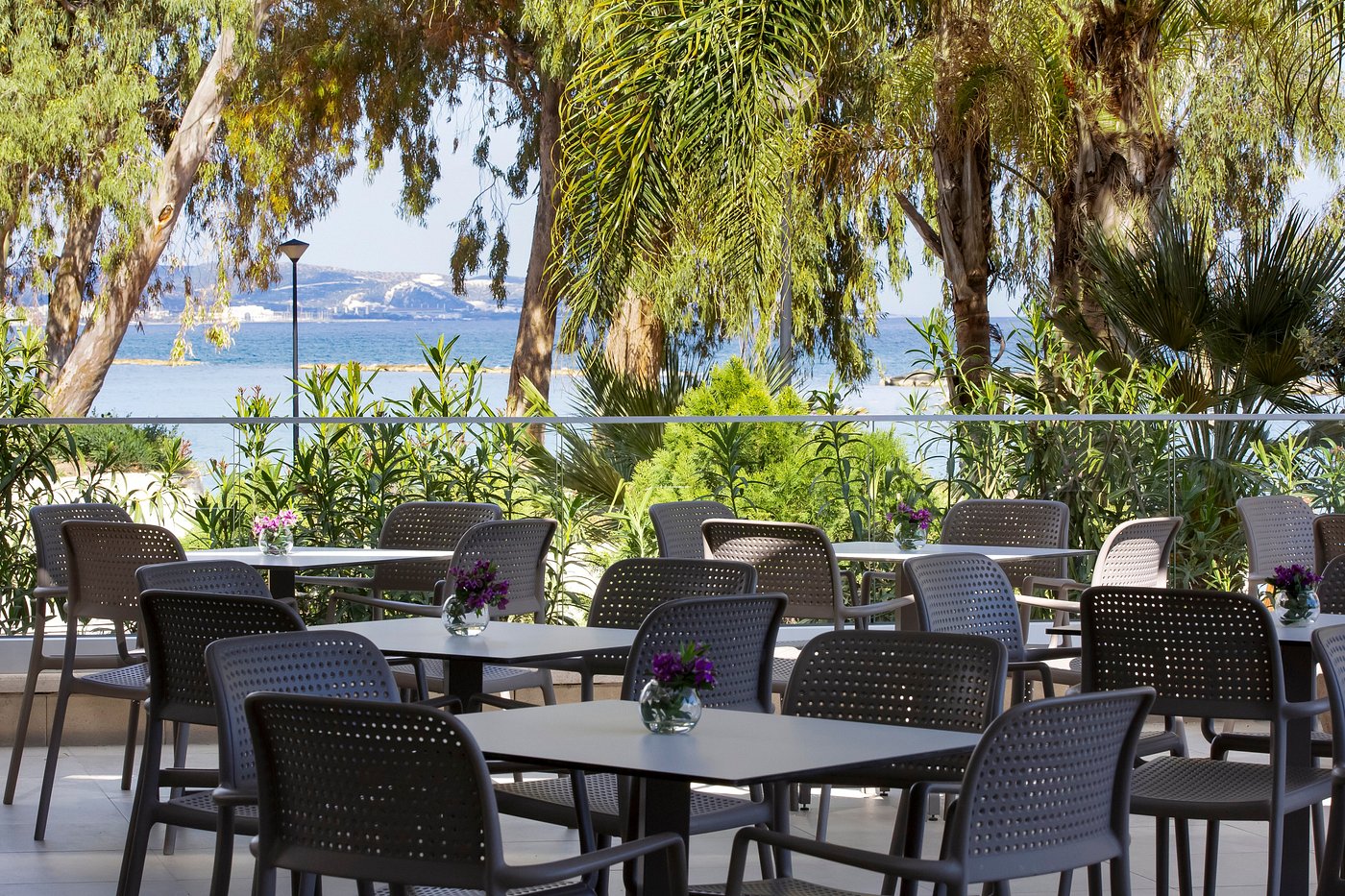 Outdoor dining area surrounded by greenery with tables overlooking the sea