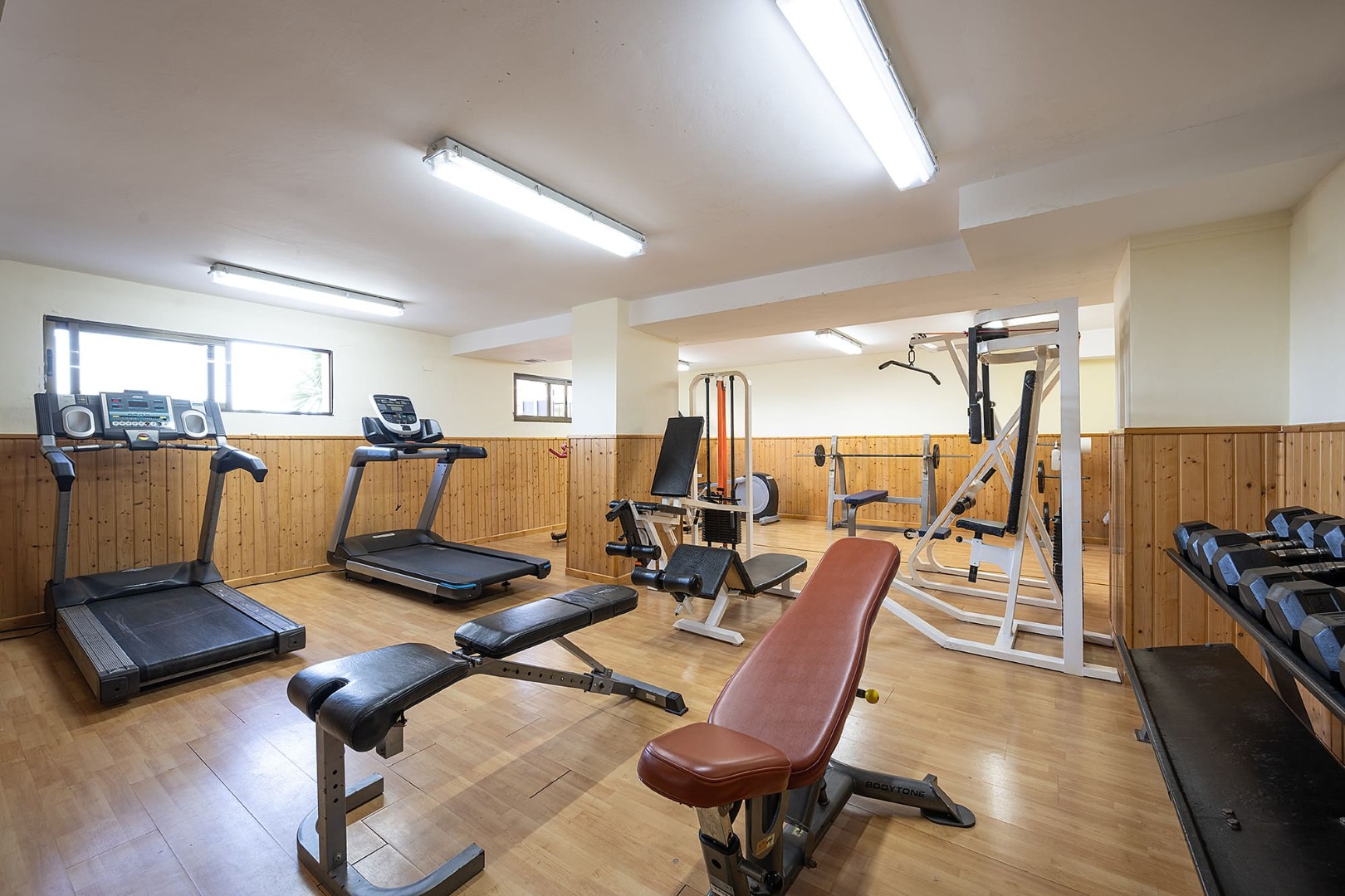 Gym with treadmills, benches, weight machines and dumbbells for indoor workout sessions.