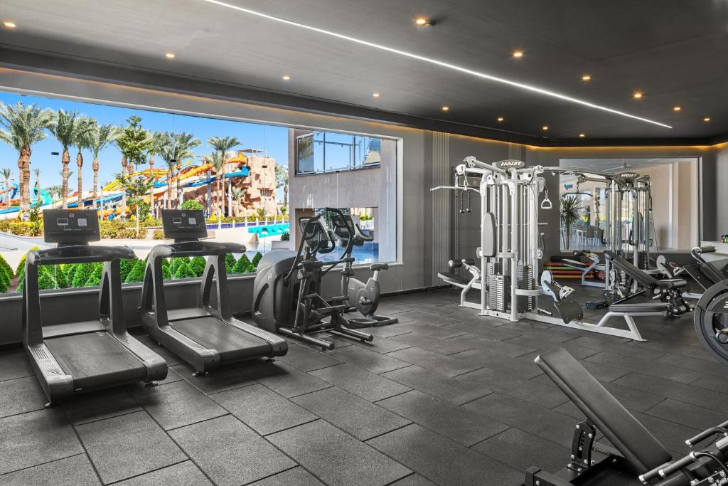Modern gym with treadmills, cardio equipment and strength machines, overlooking the resort waterpark.