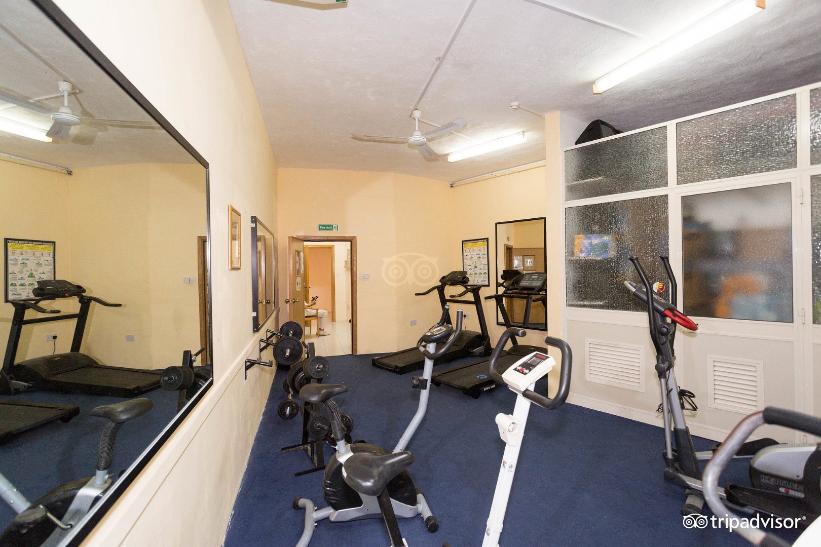 Small gym with treadmills, exercise bike, dumbbells, and a wall mirror for workout sessions.