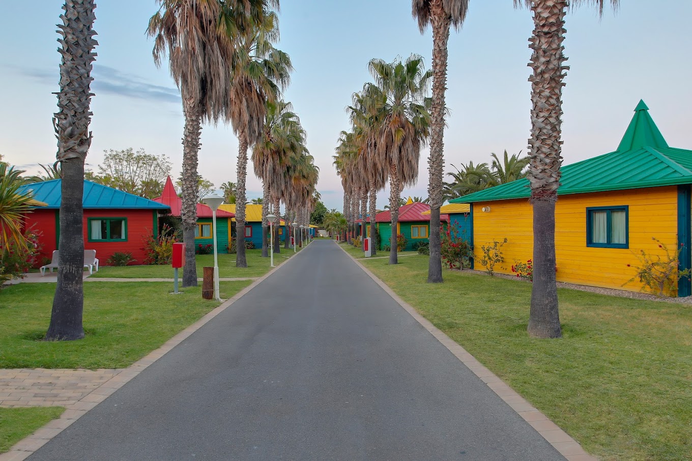 Palm-lined road through colorful bungalows on the resort grounds.