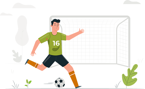 Soccer player in green jersey number 16 kicking a ball during a football training camp practice drill on a field illustration