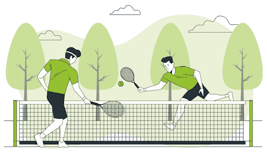 Two tennis players playing a match. Green background with a forest and some clouds.