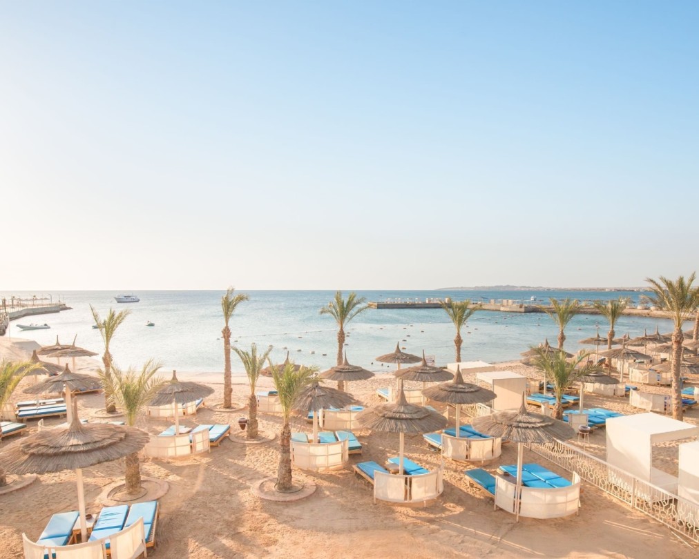 Strand mit Liegestühlen, Sonnenschirmen und Palmen mit Blick auf das ruhige Meer