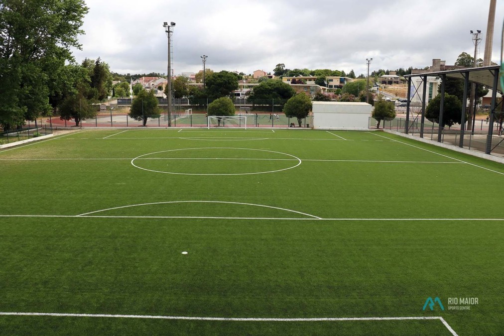 Kleinfeld-Fußballplatz mit Kunstrasen und markiertem Mittelkreis.