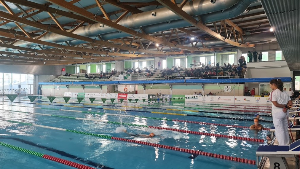 Wettkampfbecken in der Halle mit Schwimmern im Wasser, Offiziellen am Beckenrand und Zuschauern auf der Tribüne.