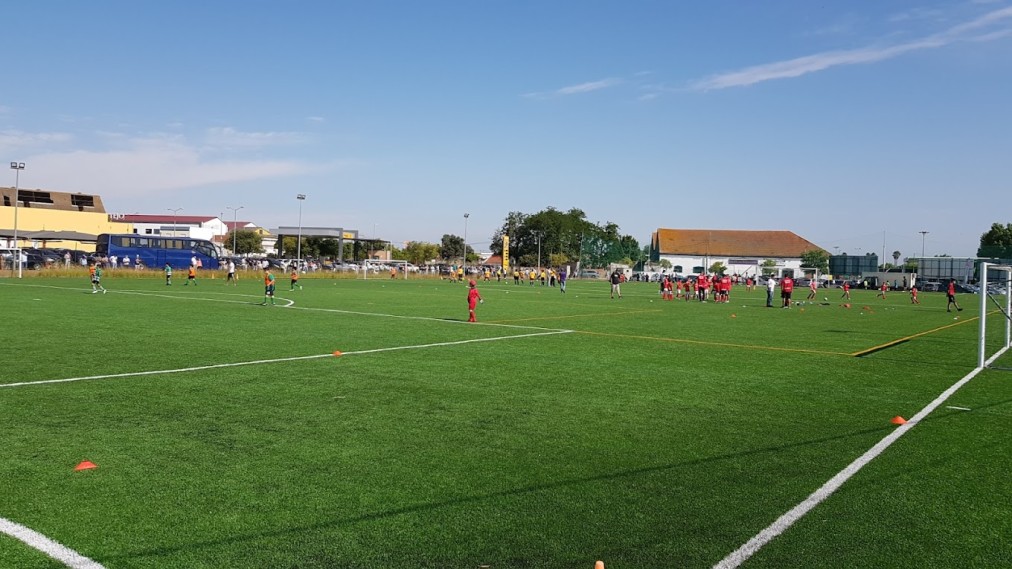 Jugendspieler absolvieren Fußballübungen auf einem Kunstrasen-Trainingsplatz.