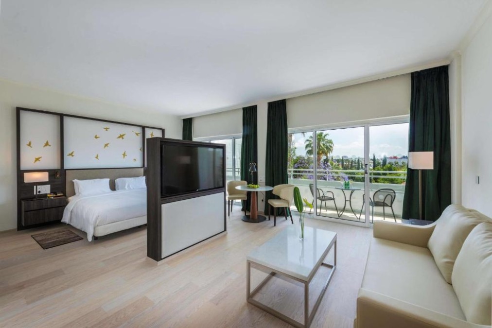 Suite mit Schlafbereich, Sofalounge, TV-Raumteiler und Balkon.