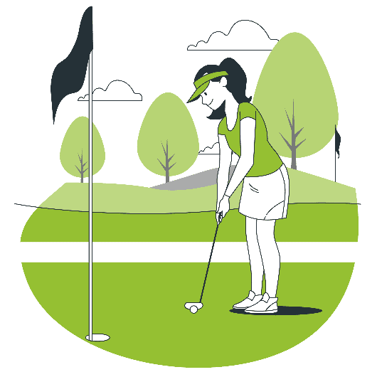 Illustration eines Golfers in grüner Kleidung, der sich auf einen Putt auf dem Übungsgrün vorbereitet – Golftrainingseinheit mit Fahnenstock und Bäumen