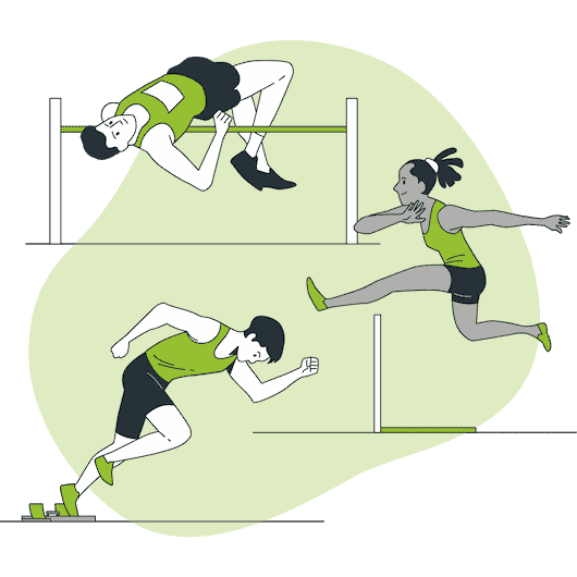 Drei Leichtathletik-Darsteller, grüner Hintergrund. Laufen, springen und rennen.