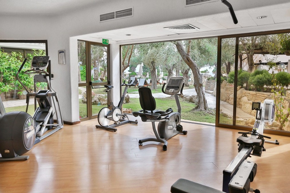 Salle de sport avec appareils cardio et équipements de musculation donnant sur un espace jardin