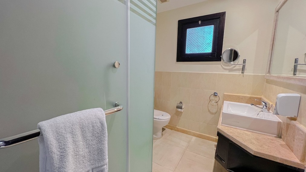 Salle de bain moderne avec carrelage beige, porte de douche en verre et lavabo sur plan de travail