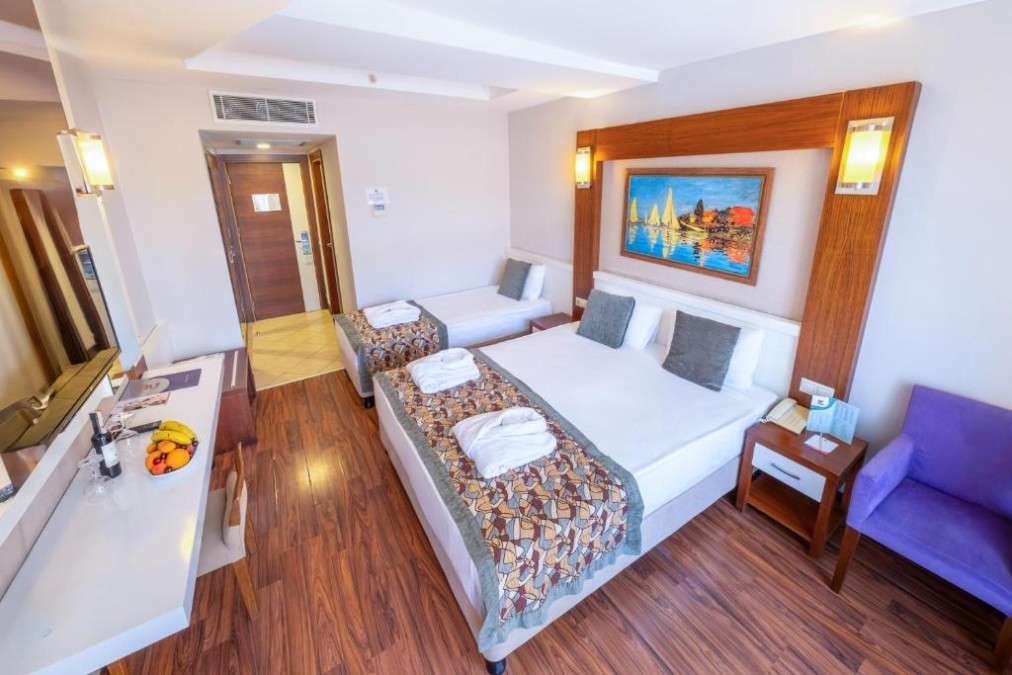 Chambre triple avec lit double et lit simple, TV et bureau.
